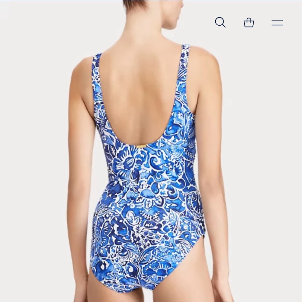SOLD ☀️Ralph Lauren Women’s Tummy Slimming Blue Floral One Piece Swimsuit Sz 12 - Picture 1 of 13